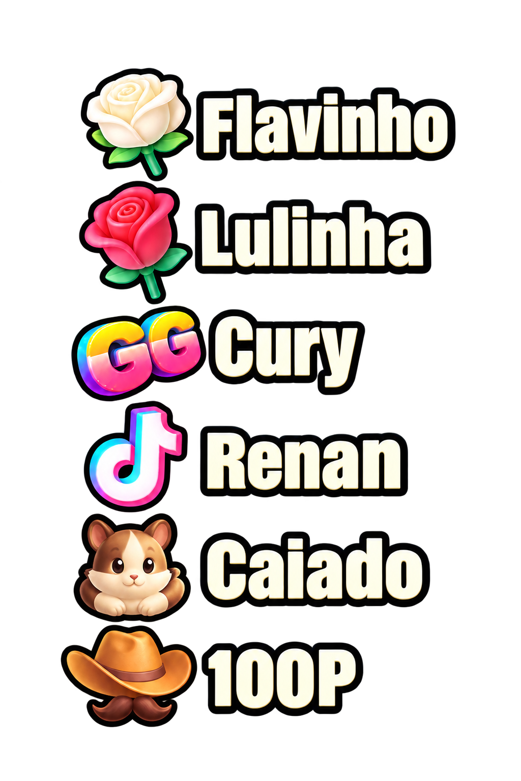 Presentes que pontuam: rosa branca para Flavinho, rosa vermelha para Lulinha, GG para Cury, TikTok para Renan, hamster para Caiado e chapéu para 100 pontos